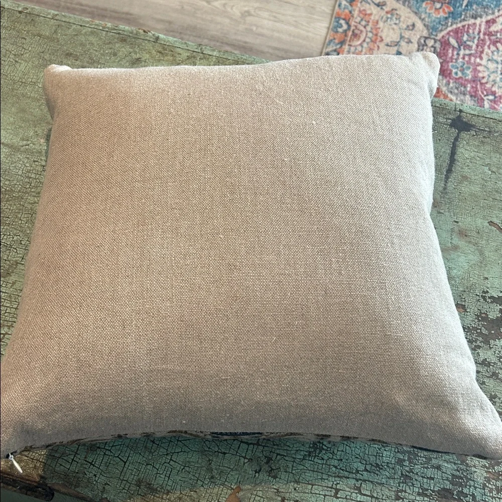 Boho EmbroideredThrow Pillow – Neutral with Navy & Gold Floral Design